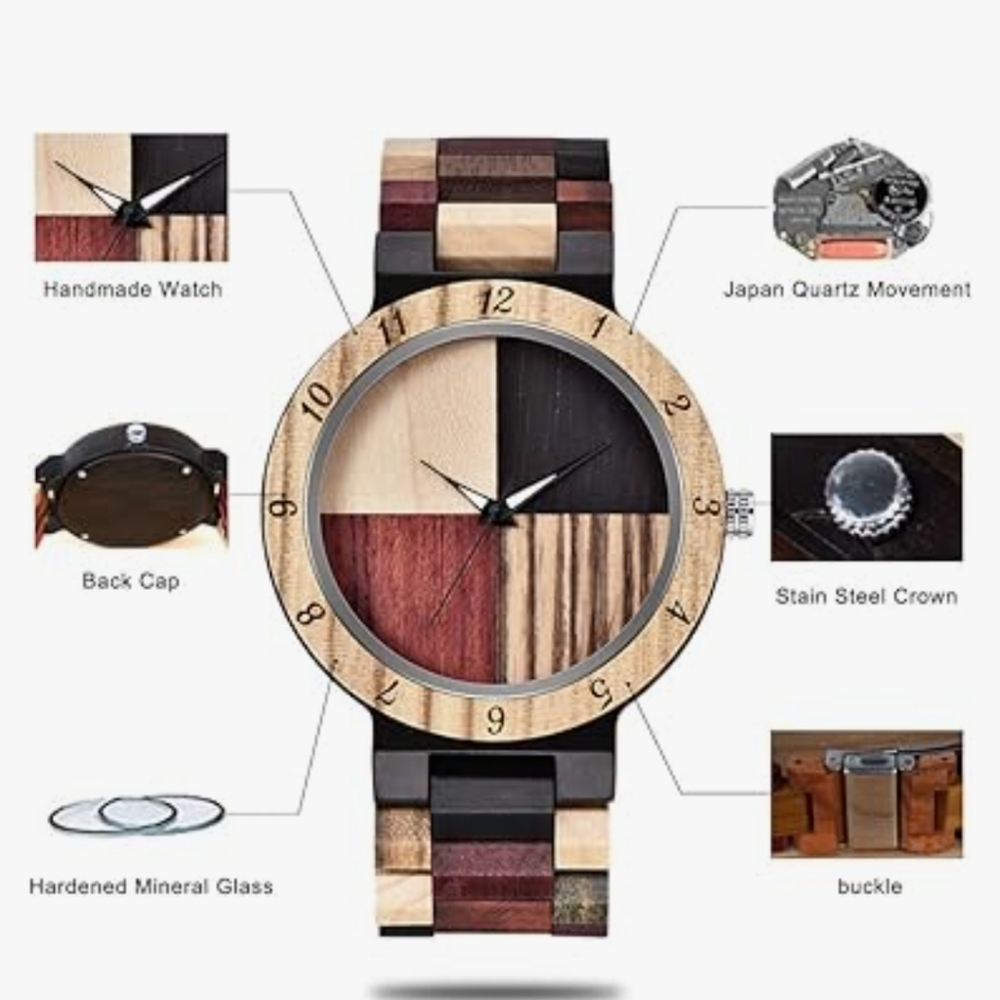 New Tiong Brand Wooden Watch Mens w/ Handmade Colorful Bamboo Wood Watch Analog